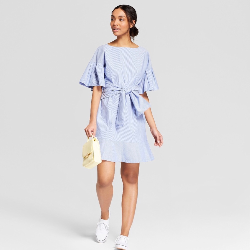 A New Day Striped Ruffle Sleeve Tie Front Dress